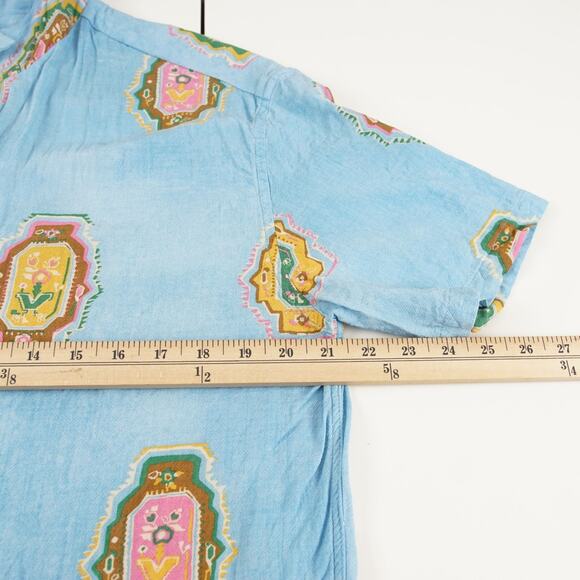 Zara Colorful Print Relaxed Fit Short SLeeve Blue Textured Button Shirt Sz L - Picture 3 of 9